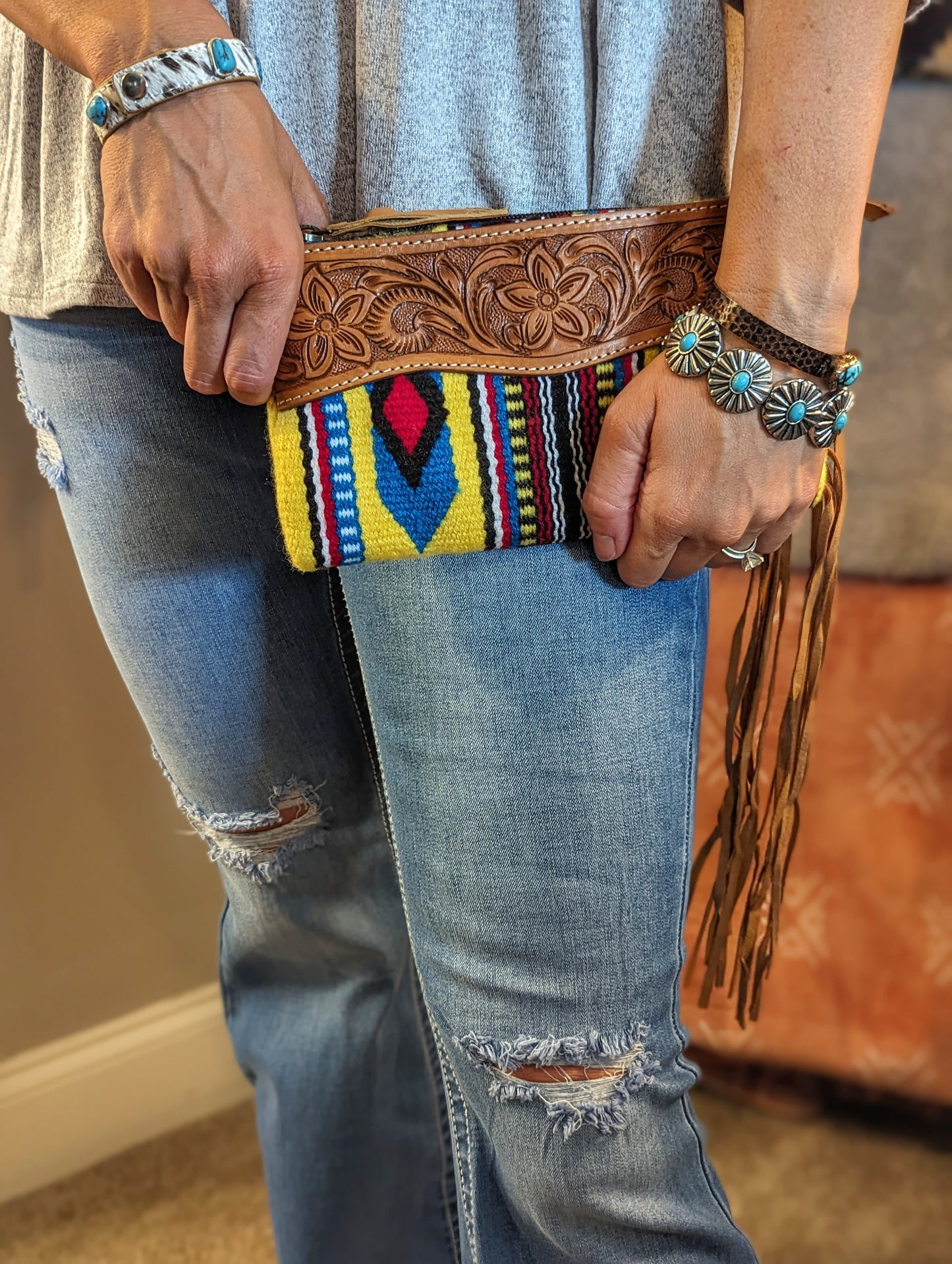 Native Design Aztec Tooled Leather Wristlet