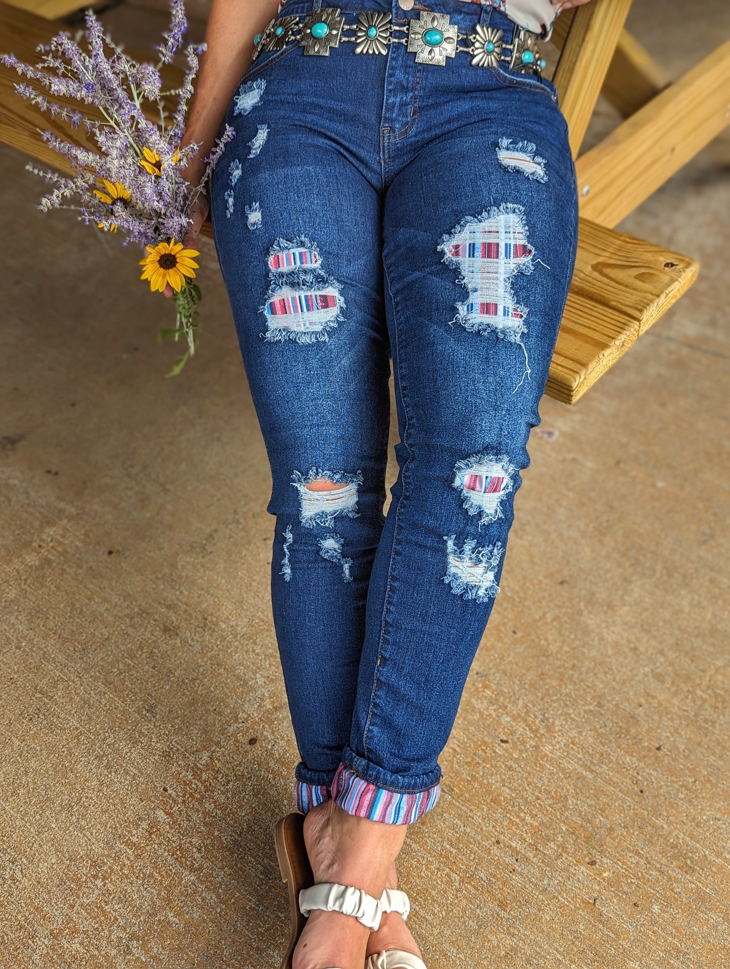 Serape Distressed Denim Jeans