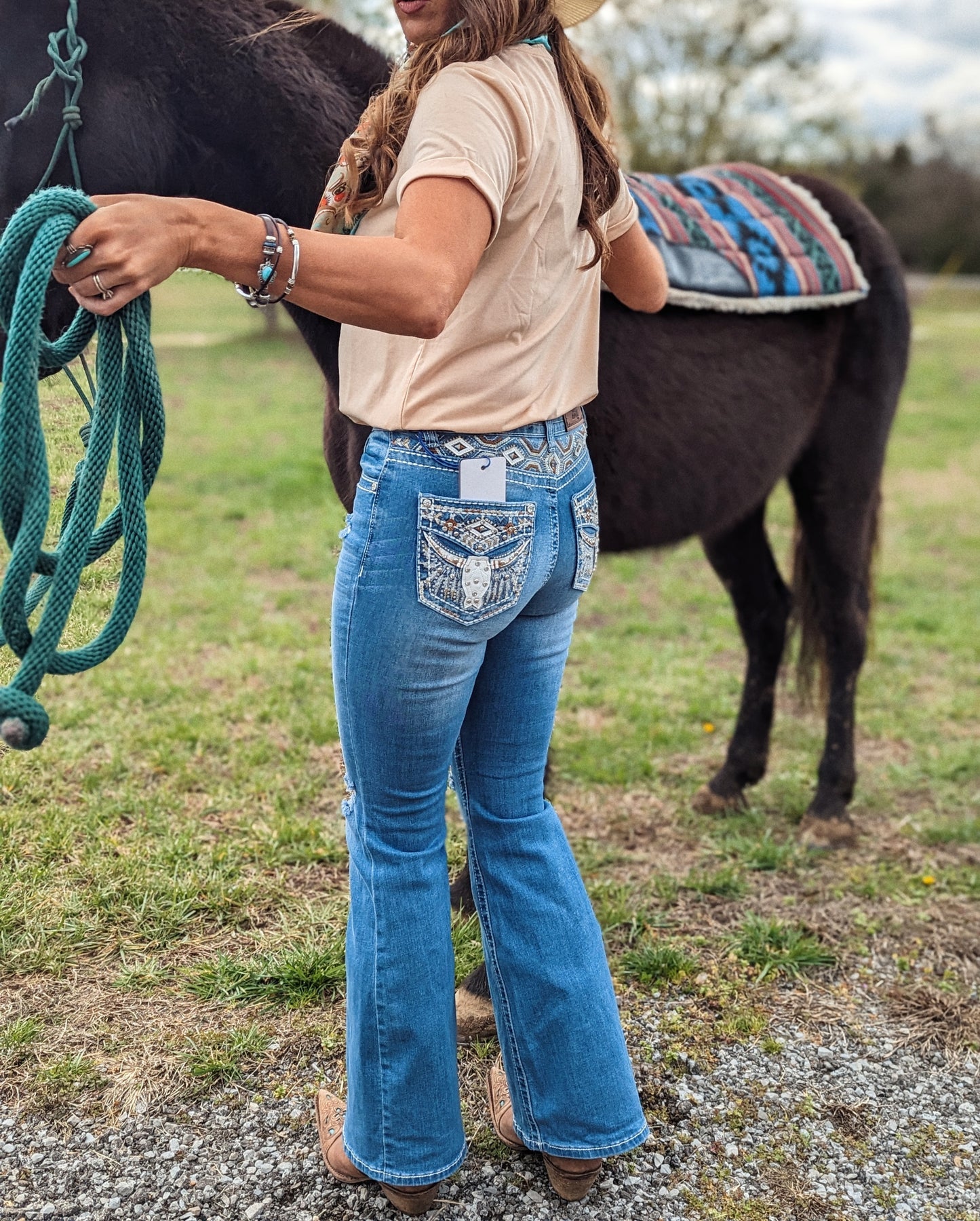 Longhorn Sequin Flare Distressed Jean