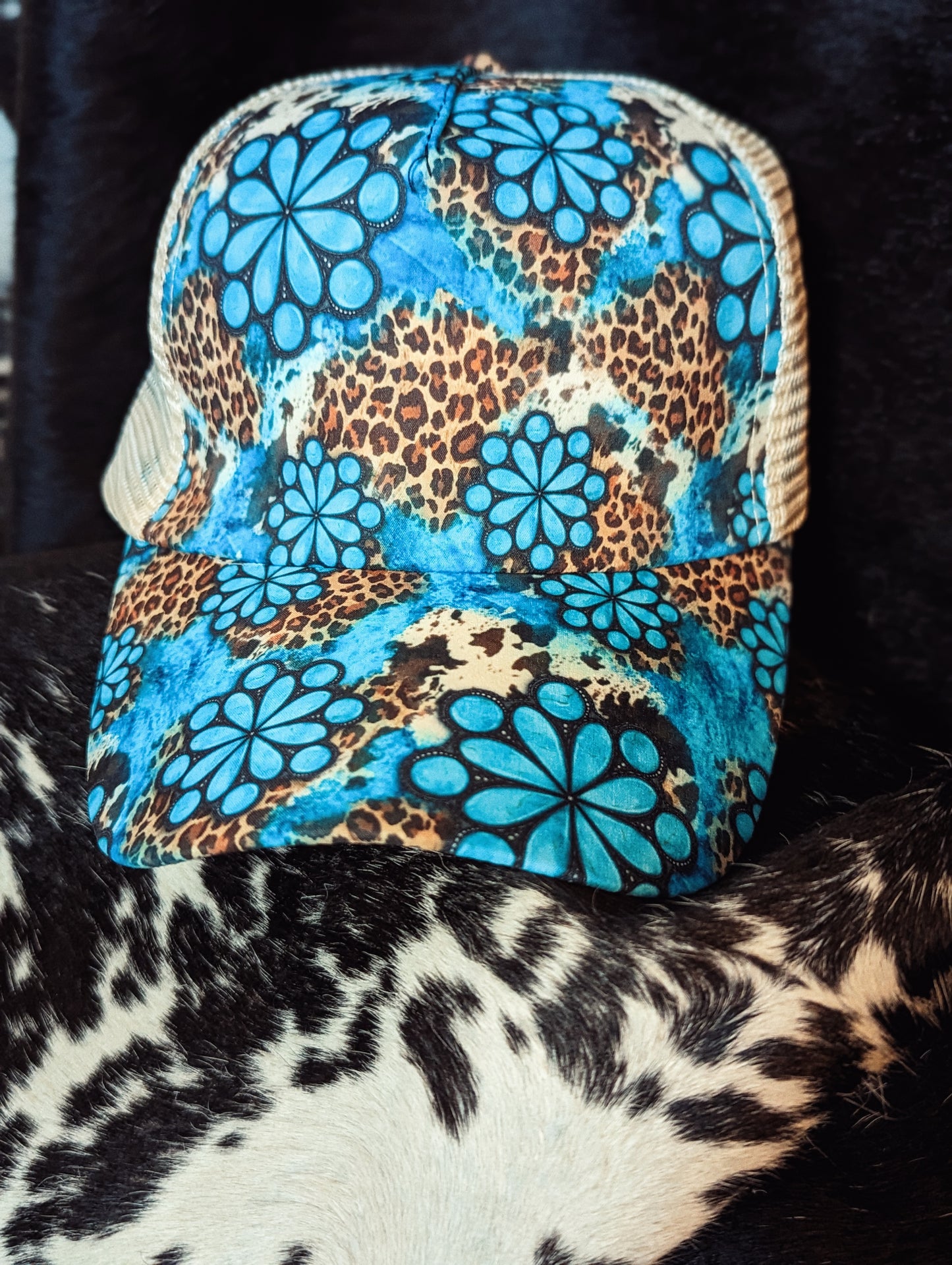 Leopard Turquoise Mesh Ponytail Cap